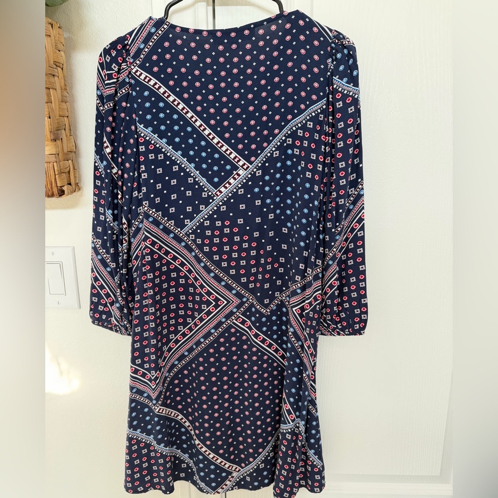 LOFT Navy Geometric Print V-Neck Dress with Pink Accents - Picture 3 of 3